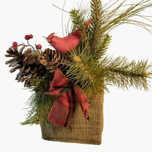 Rustic Burlap Christmas Evergreen Centerpiece Cardinal Pinecones Winter Decor